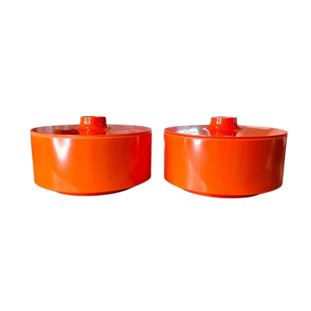 MCM 2 HELLER Bowls Finger Lid Vibrant Orange Massimo Vignelli Melamine 1 Cracked